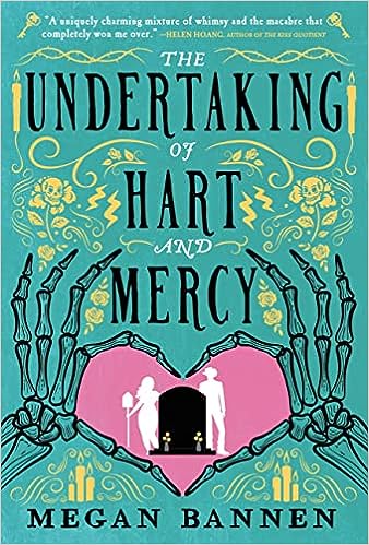 Image of the Book Cover featuring skeleton hands holding a pink heart with a silhouette of a grave stone and a male and female holding a shovel.