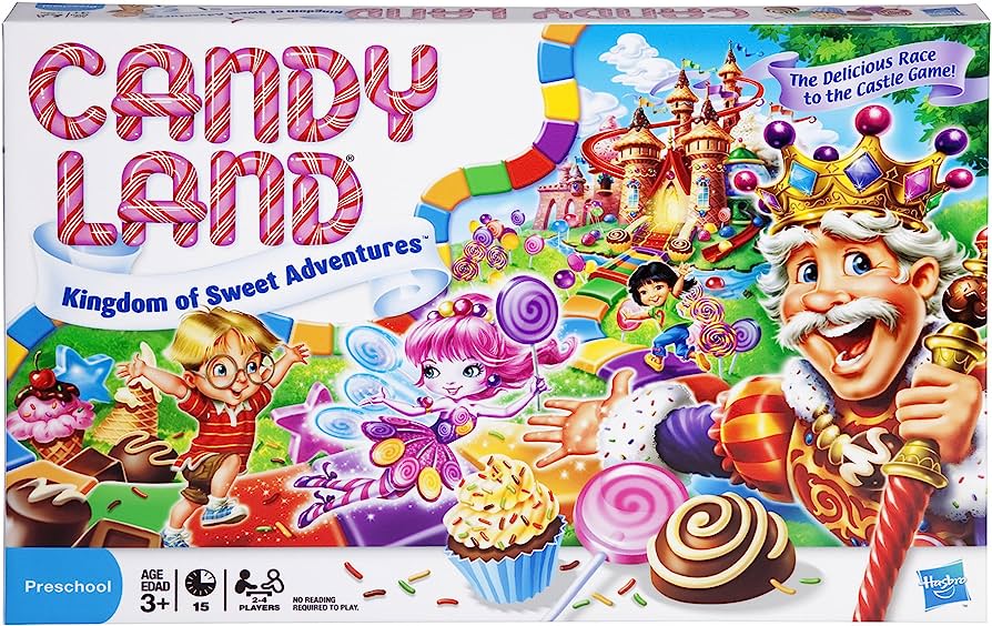 The Candy Land Board game cover, featuring the game's name written in peppermint letters and a rainbow, colorful board with fairies, humans, and a king on it leading to a castle as well as sweets in the front.