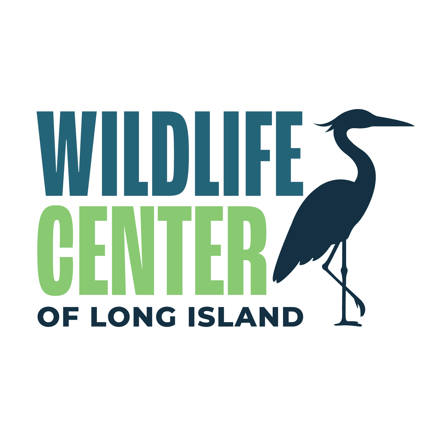 Image of a crane next to the words WILDLIFE CENTER OF LONG ISLAND, written in blue, green, and black