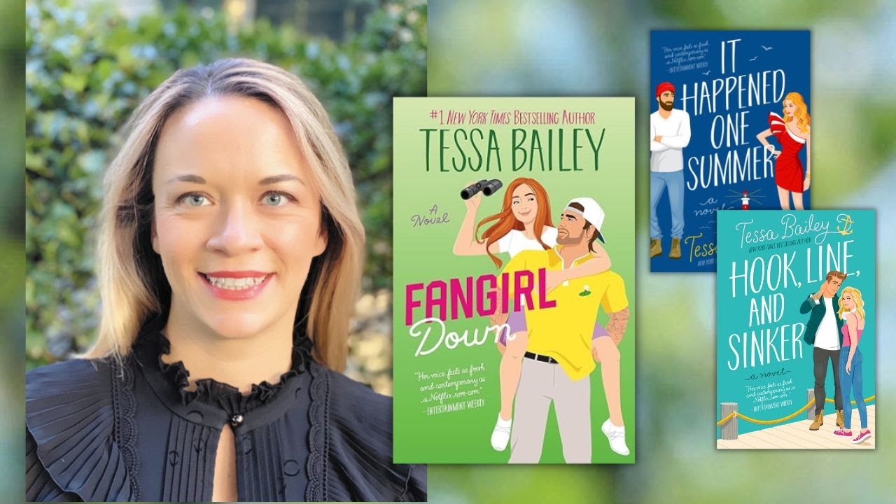 Image of Author Tessa Bailey side by side with an image of her book. 