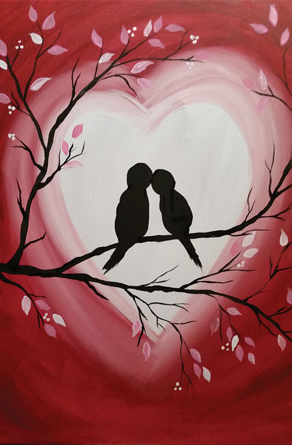 Image of painting featuring a silhouette of 2 love birds sitting on a tree branch painted on canvas. 