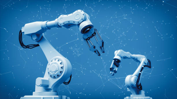 Two robotic arms over a blue background with constellations on it.