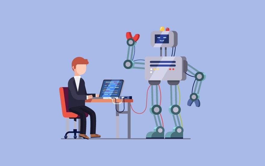 Simple art of a man at a desk in front of a computer wired to a robot, over a plain blue background.