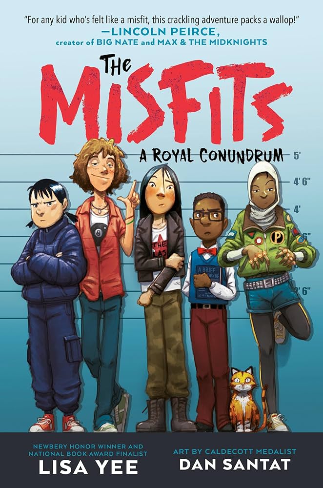 The Misfits a Royal Conundrum book cover, featuring five varying students and a cat in front of a mugshot wall.