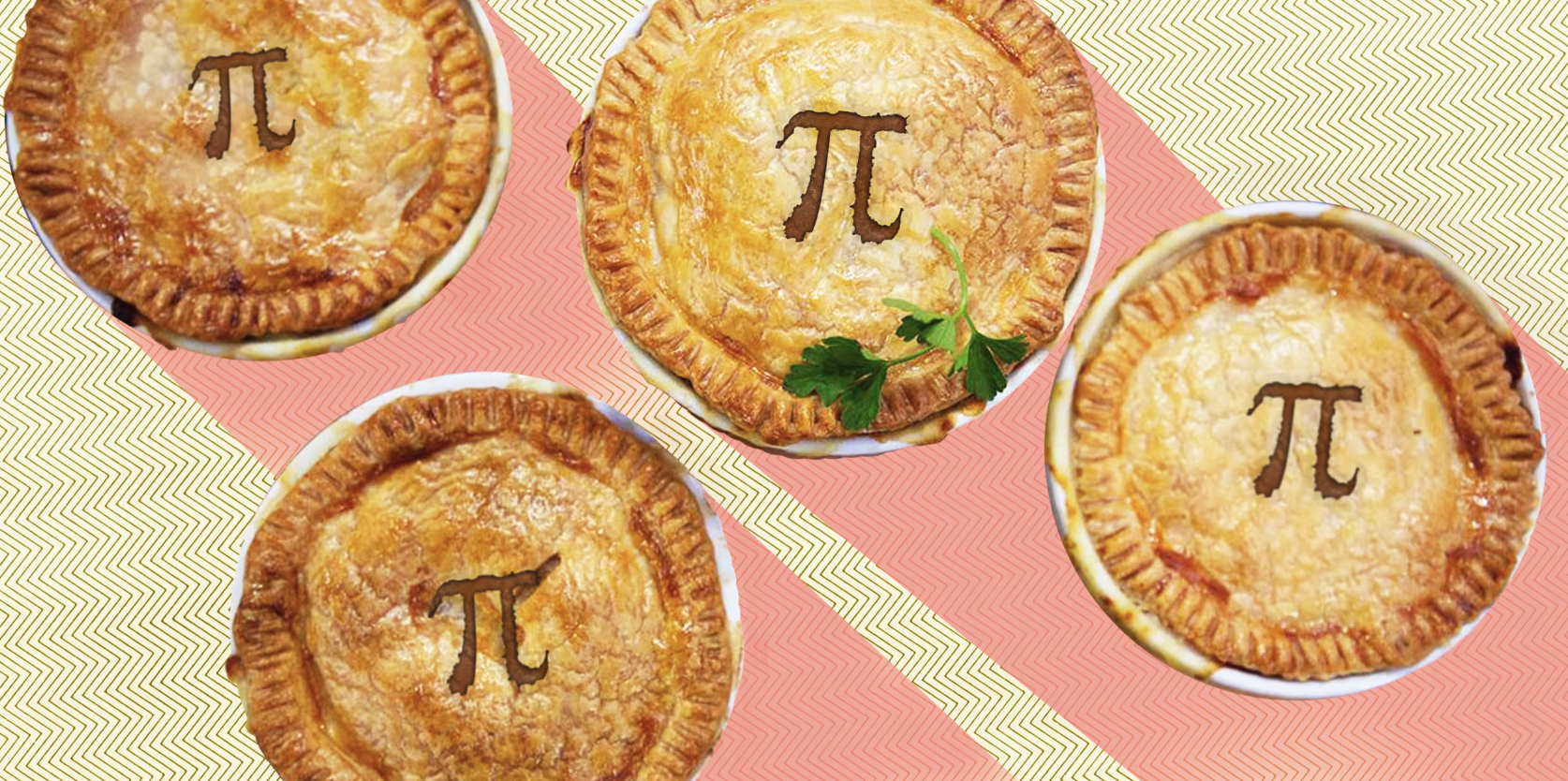 Four Pies with the Pi symbol on each over a pink and pale yellow background.