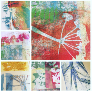 Gelli Paintings in a collage of 6, mostly red and blues and imprinted plant shapes.