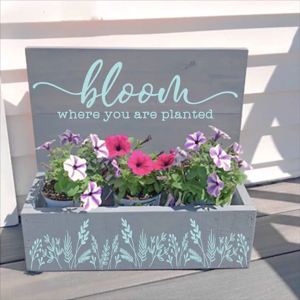 Image of a wooden planter that has the words "bloom where you are planted" stenciled on it with fresh flowers in the box.  