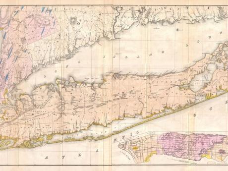 Geological Map of Long & Staten Islands with the Environs of New York. Mather, W. W., Geology of New York, Part 1, 1842. Public domain, via Wikimedia Commons.