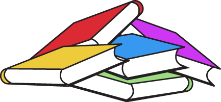 Clipart picture of 5  books in various colors messily laid out (not stacked)