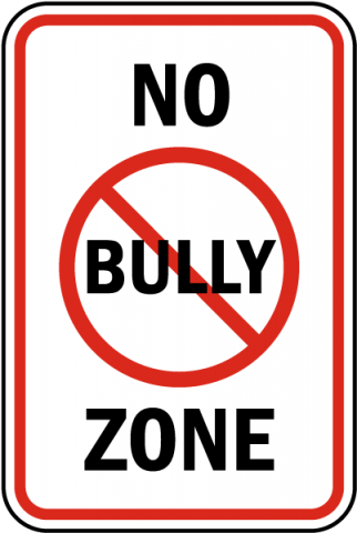 Image that looks like a road sign that states "No Bully Zone." There is a a red circle around the word bully with a red line through it. 