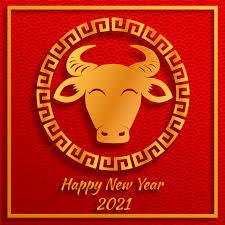 Happy New Year 2021 written out with a golden image of an ox on a red background. 