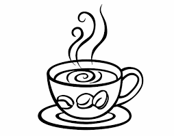 Coloring sheet with a coffee cup and saucer with steam coming from the liquid in the cup. 