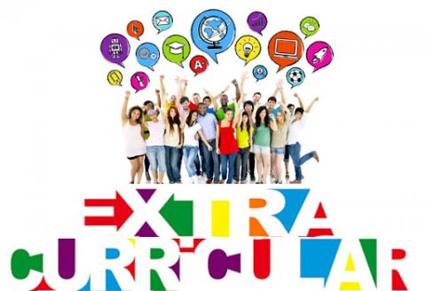 Picture of Teens with hands in the air with thought bubbles of all different extra curricular activities. 