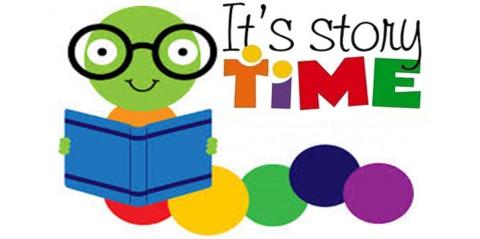 A clip art image of a "book worm" reading a book and the words "It's Story Time"  written out. 