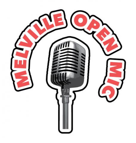 Clip art image of an old fashioned microphone and around it are the words Melville Open Mic written out in red. 