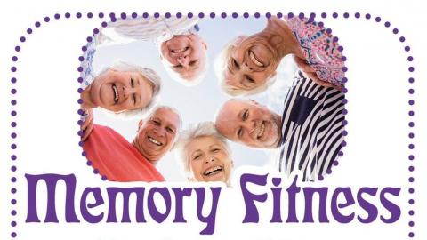 Senior Citizens in a circle smiling with the words memory fitness spelled out in bold letters. 