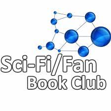 Sci-Fi/Fan Book Club spelled out with a chemistry compound symbol that has blue balls that look like a galaxy planet on the ends.