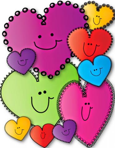 Clip Art picture with all different size heart cut outs.  Each heart is a different color and the hearts have smily faces drawn in. 