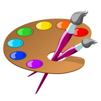 Clip art picture of an artist palette with 2 paint brushes and different paint colors on the palette. 