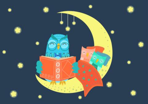 Cartoon picture of a yellow crescent moon and yellow stars.  One large owl sitting on the moon reading to 2 smaller owls. 