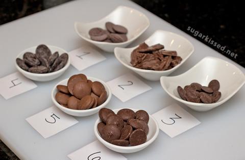 Image of 6 different chocolate plates numbered for a taste test. 