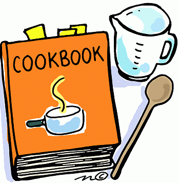 Cookbook, wooden spoon and a measuring cup