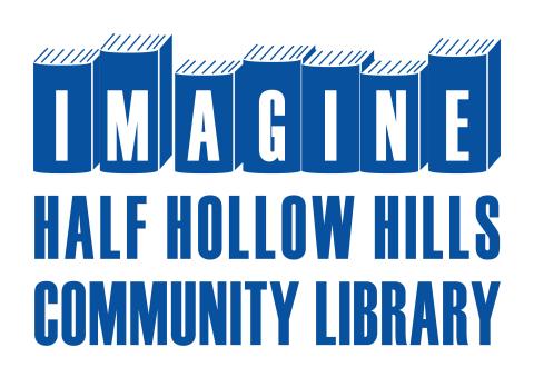 Imagine Half Hollow Hills Community Library spelled out.  Imagine is spelled out on the spine of books.  This is the library logo. 