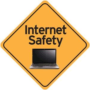 Yellow caution sign with a computer in it and the words "Internet Safety"