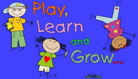 Clipart picture of 3 cartoon stick figure children with the words Play, Learn and Grow spelled out.