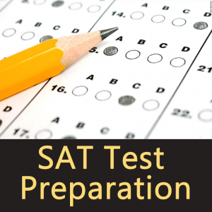 Image of a test sheet and a pencil with the words SAT Test Preparation spelled out. 