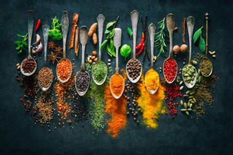 Photo of spoons holding all different types of spices. 