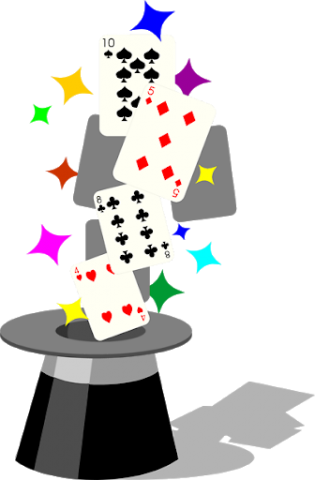 Clipart of a magician's hat with cards and stars coming out of it.