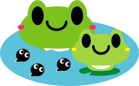Clipart picture of 2 frogs and 3 tadpoles in water. 