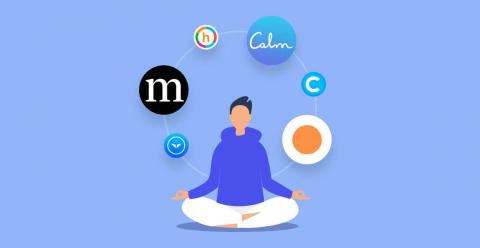 clipart picture of person meditating and the meditation apps forming a circle around them.