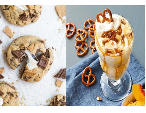 Image of a s'more cookie and a salted caramel milkshake. 