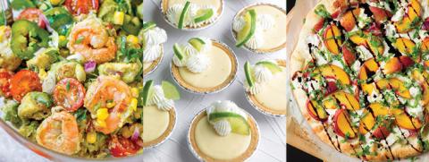 Images of what Chef Rob will be preparing. West coast salad with shrimp, avocado and corn, baby lime pies and peach & prosciutto flatbread with goat cheese