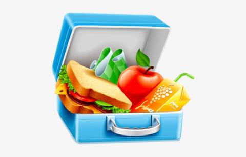 Clipart picture of a lunchbox with a sandwich, apple and juice box. 