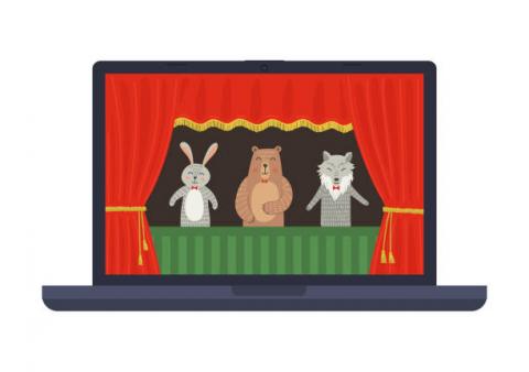 Clipart picture of a stage with a red curtain with 3 stuffed animal puppets.