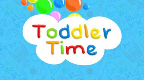 Clipart picture of a cloud with the words Toddler Time spelled out in different colors. 