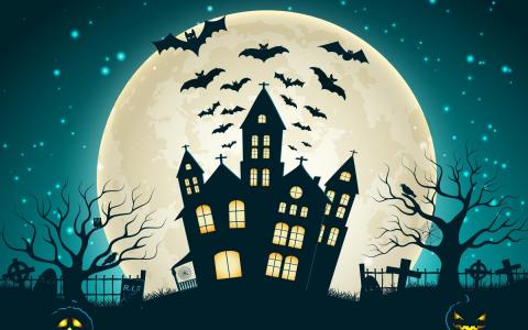 Cartoon picture of a large full moon, and a haunted house with bats flying out. 