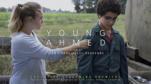 Image of movie poster for Young Ahmed. A blonde girl reaches out to a Belgian teen who is looking down and away.