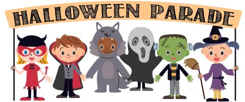 Clipart picture of children in various Halloween costumes holding a banner that says Halloween Parade. 