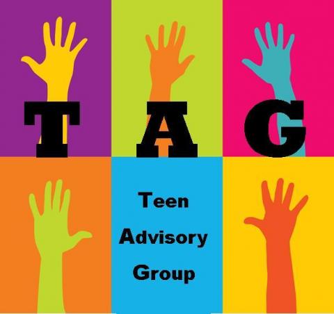 Clipart image of TAG Teen Advisor Group spelled out and silhouettes of hands raised. 