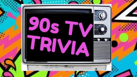 Colorful background with orange, pink, neon green, and blue designs with an overlay of an old TV with the words "90s TV TRIVIA" written in pink on it.