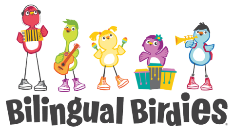 Clipart picture of little birds with instruments and the words "Bilingual Birdies" spelled out. 