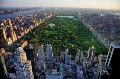 Aerial view of NYC showing Central Park in the middle of all the tall buildings.