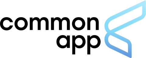 The Common app logo. The words common app spelled out with a blue line design on the side. 
