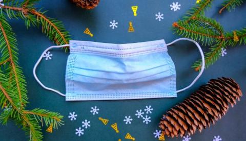 Image of a standard blue mask atop a blue table surrounded by holiday decorations, pine needles, and pinecones. 