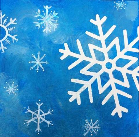 Image of a painting with a blue background and line drawn snowflakes of various sizes and shapes. 