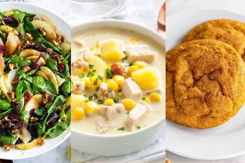 Image of salad, turkey corn chowder and pumpkin snickerdoodle cookies. 